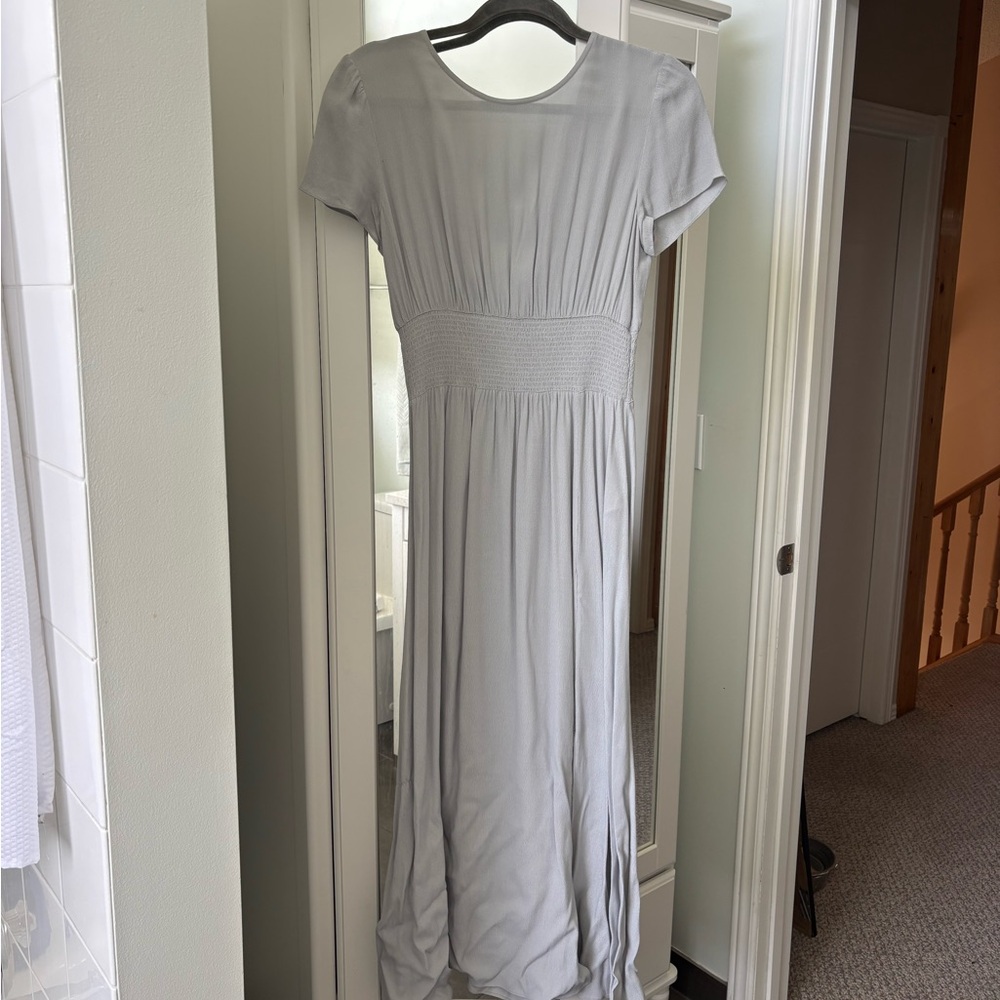 Wilfred Light Gray Smocked-Waist Maxi Dress